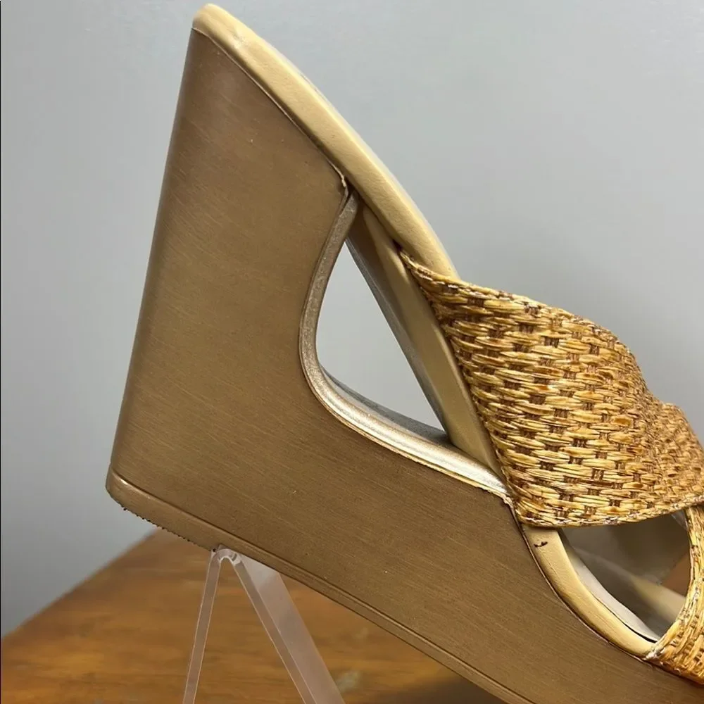 Andrew Geller Tan Wedge Sandals with Basketweave Design